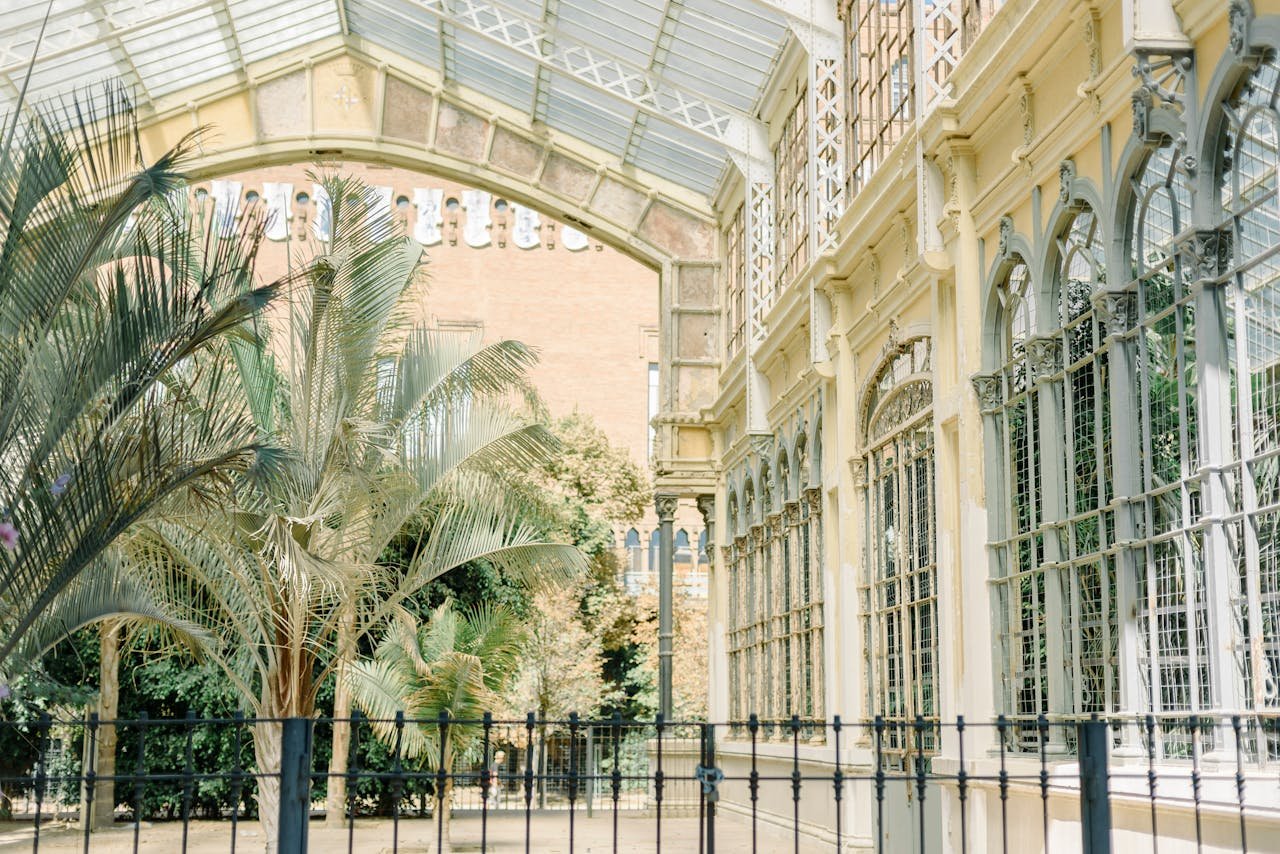 Sunlit Victorian-style greenhouse with lush palm trees and vintage architecture.
